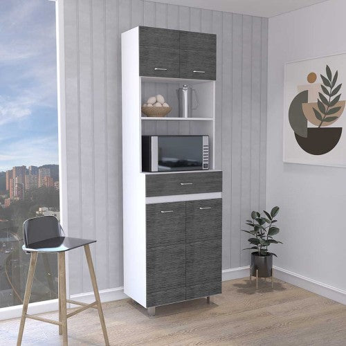 Microwave Kitchen Cabinet - Double Door - White and Smokey Oak