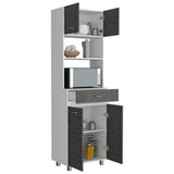 Microwave Kitchen Cabinet - Double Door - White and Smokey Oak