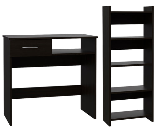 Home Office Desk & Bookcase Set - Black - Drawer & Keyboard Tray