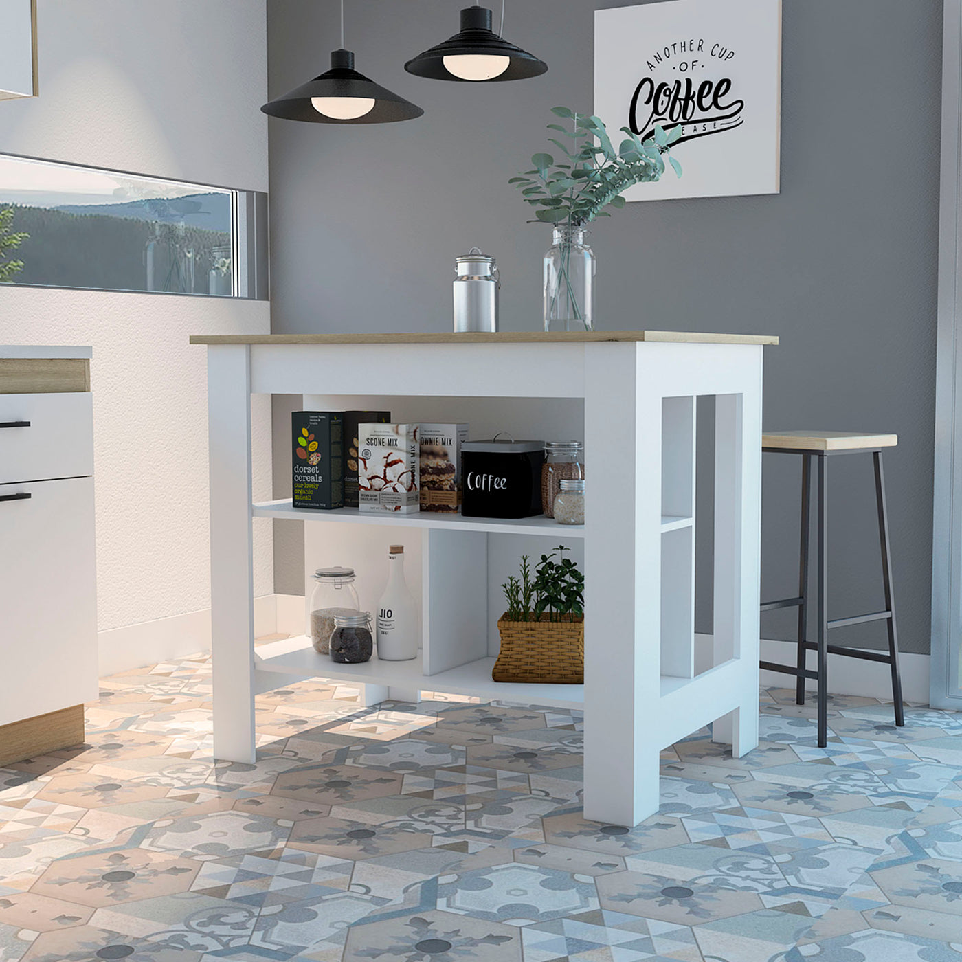 Cala Kitchen Island Four Legs Three Shelves White Light Oak