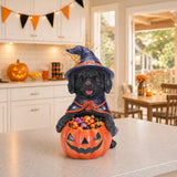 Halloween Black Labrador Retriever Witch Puppy Figurine, Cute Dog Holding Pumpki