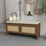 PP Rattan Storage Bench with Cushion, Faux Rattan Shoe Cabinet with 2 Doors