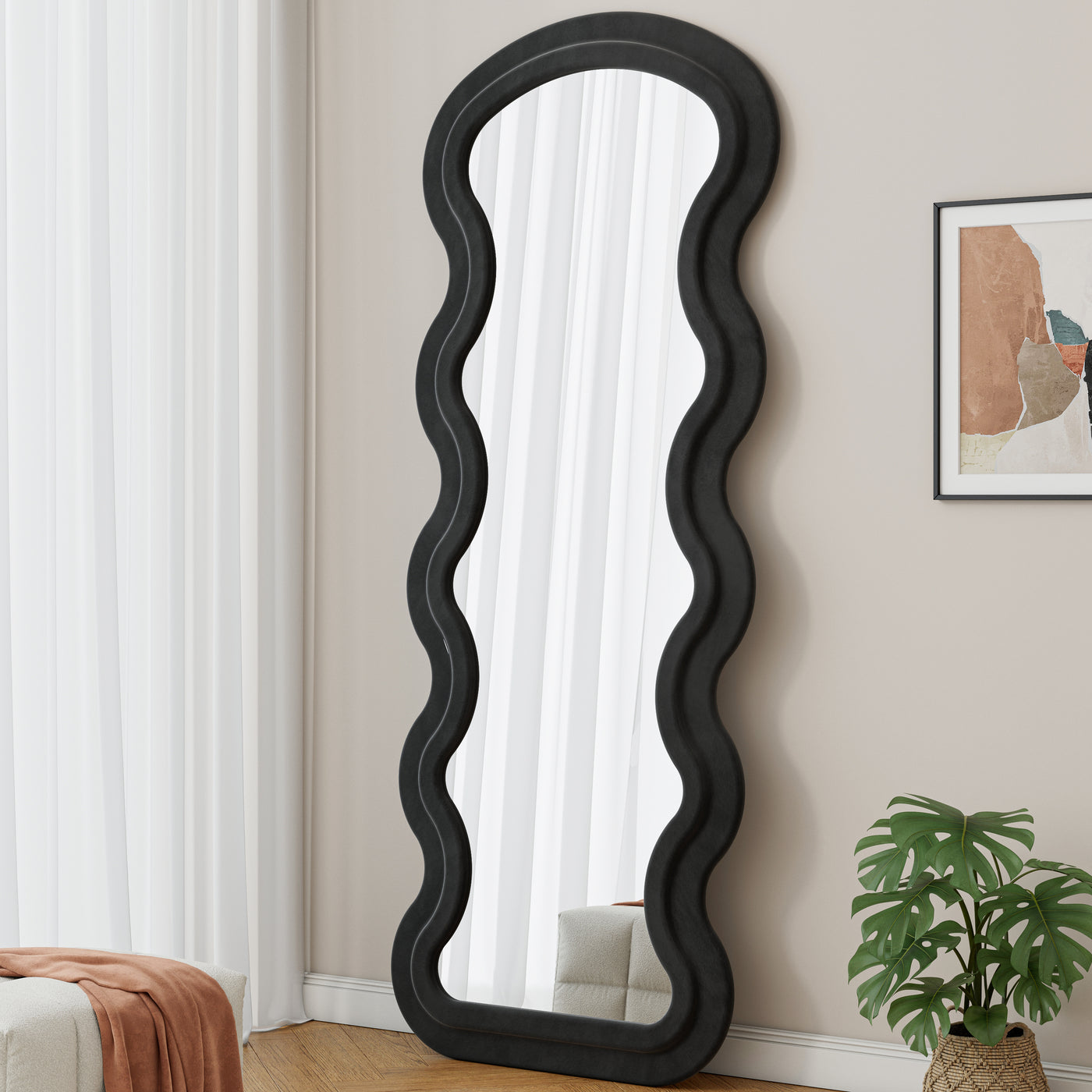 Floor Mirror Full Length Wave Flannel Frame Black 63x24 In Lean or Hang