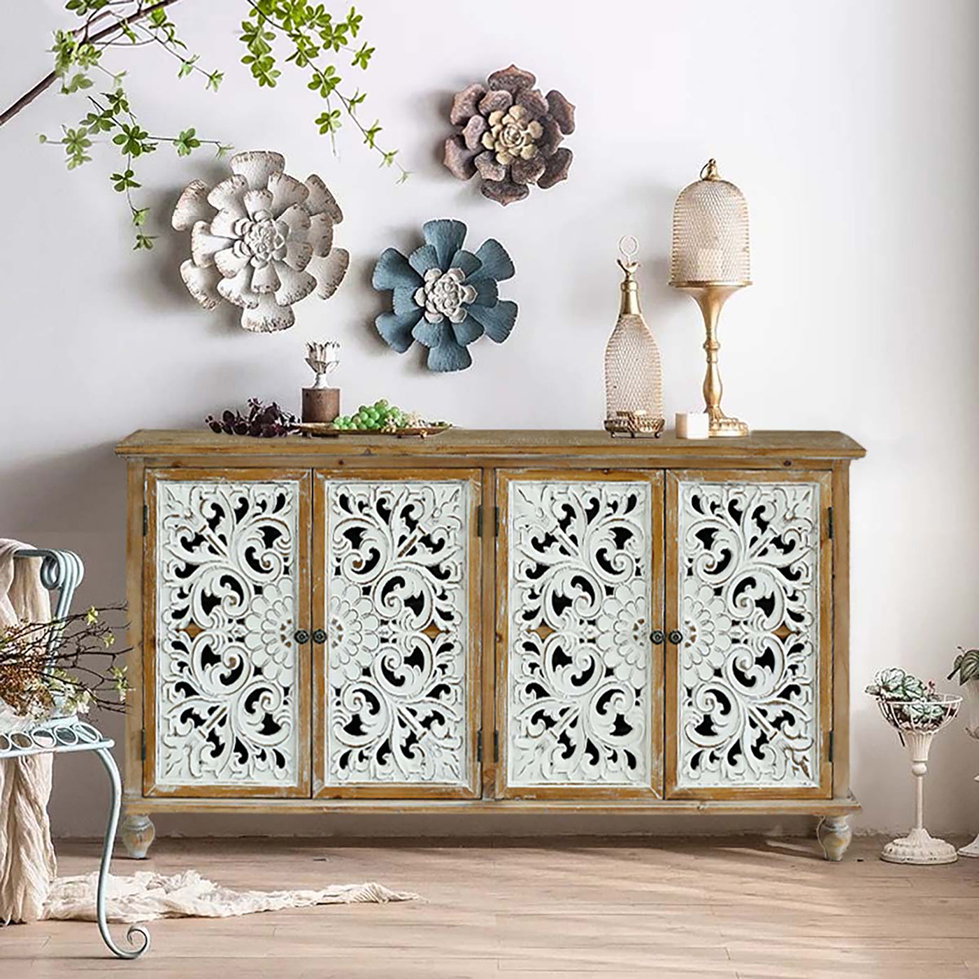 Farmhouse Sideboard Buffet Cabinet with Wood Carved Floral Doors