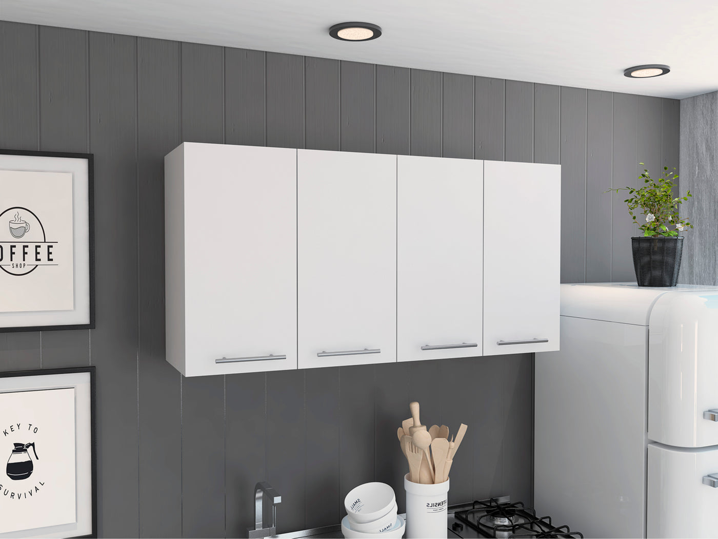 White 4 Door Wall Cabinet with 2 Shelves