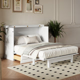 Farmhouse Style Solid Pine Murphy Bed Chest Cube with Charging Station and Storage Drawer, Full, White