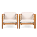 Outdoor Club Chair Set of 2, Acacia Wood Frame with Beige Rope Arm and Beige Cushions,400 lbs Capacity
