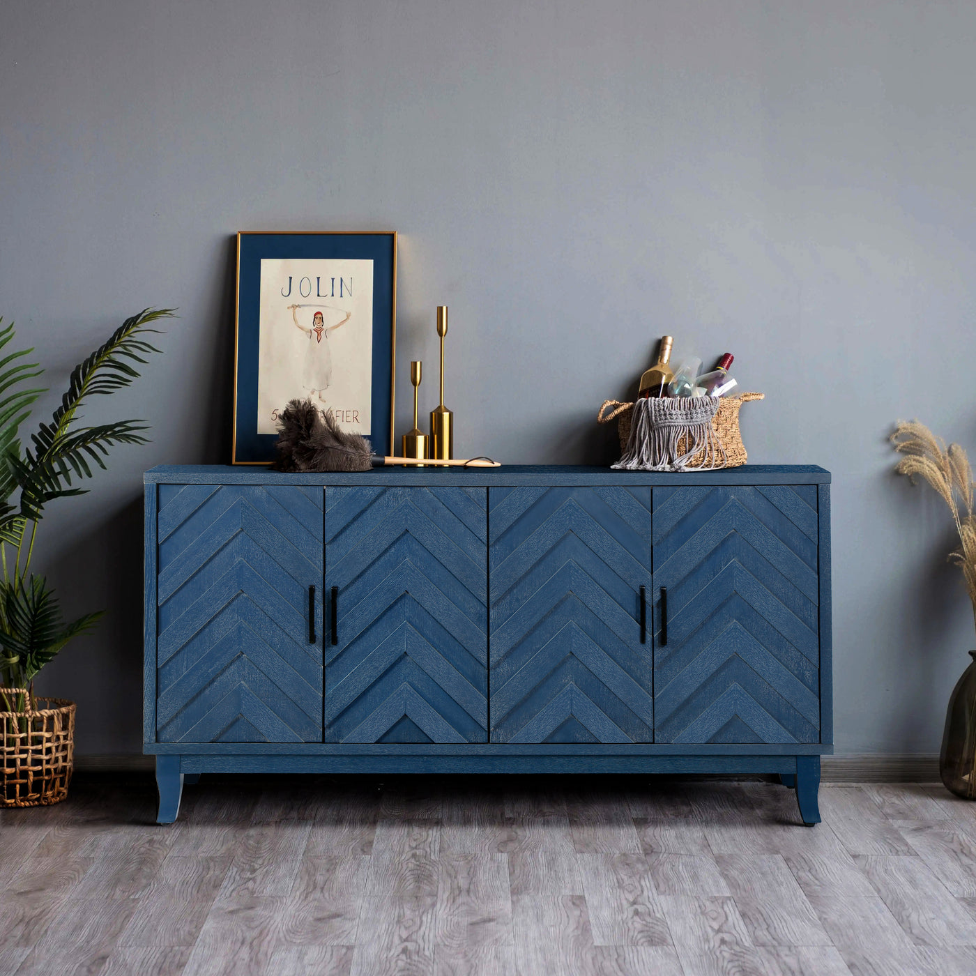 4-Door Navy Blue Credenza Cabinet Solid Wood Storage Buffet
