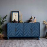 4-Door Navy Blue Credenza Cabinet Solid Wood Storage Buffet