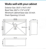 Undermount Kitchen Sink - 30"x19"x9" Stainless Steel 16 Gauge Deep Single Bowl