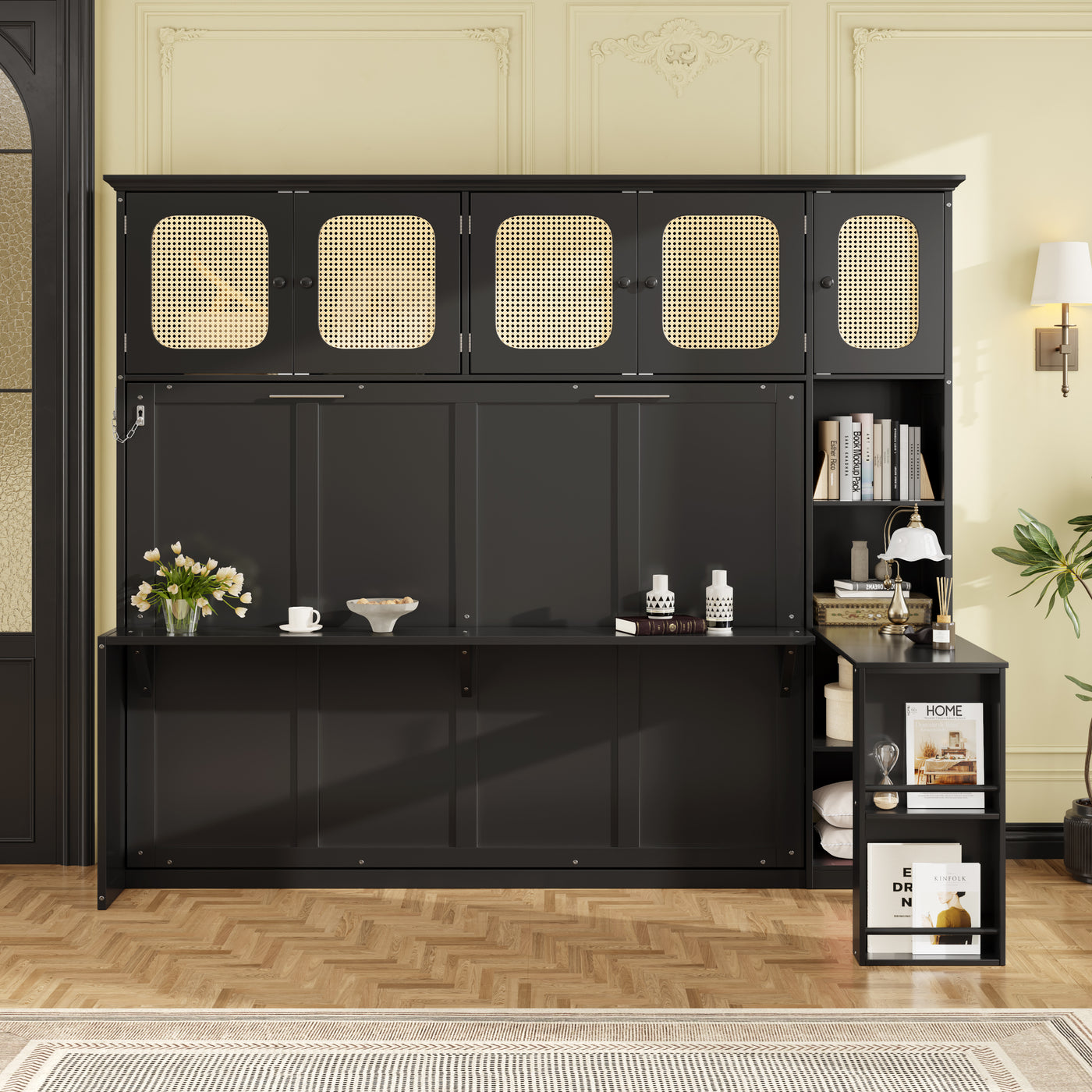 Murphy Bed with Desk and Rattan Cabinets Black