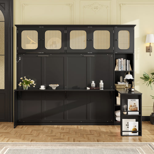 Murphy Bed with Desk and Rattan Cabinets Black