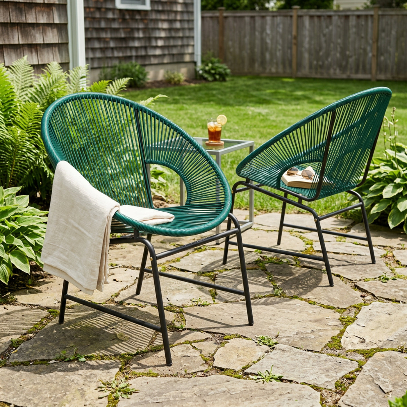 NUSA OUTDOOR PATIO WICKER CHAIR, TEAL PE RATTAN & IRON FRAME, SET OF 2