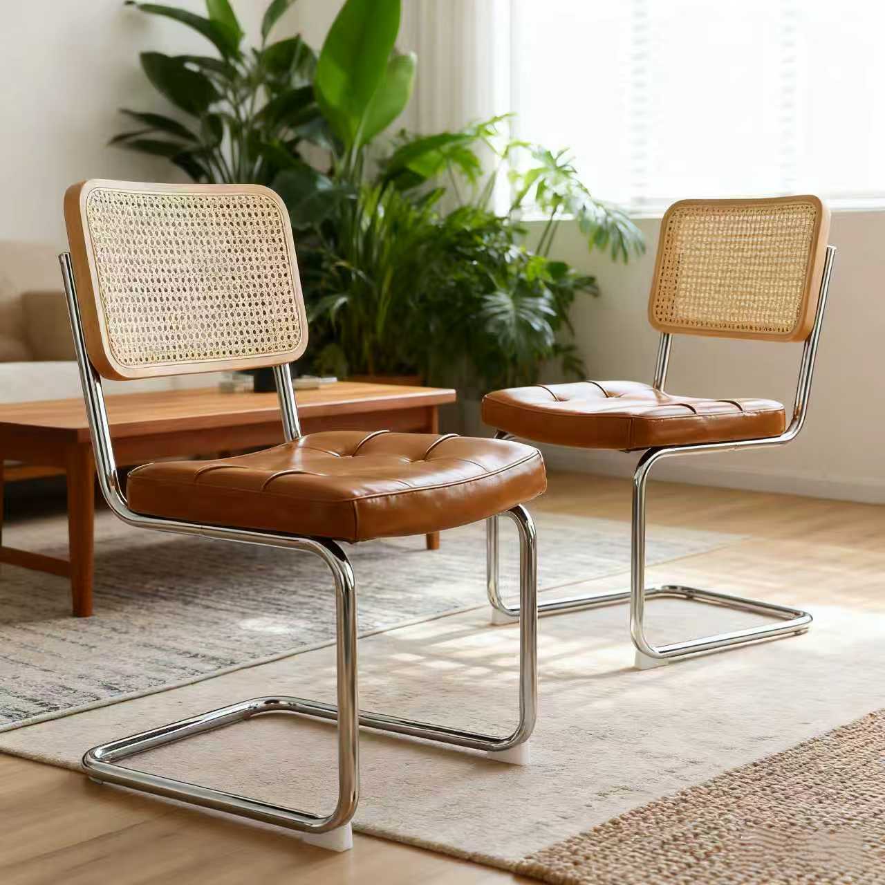 Set of 2 Faux Leather Rattan Dining Chairs, Chrome Legs