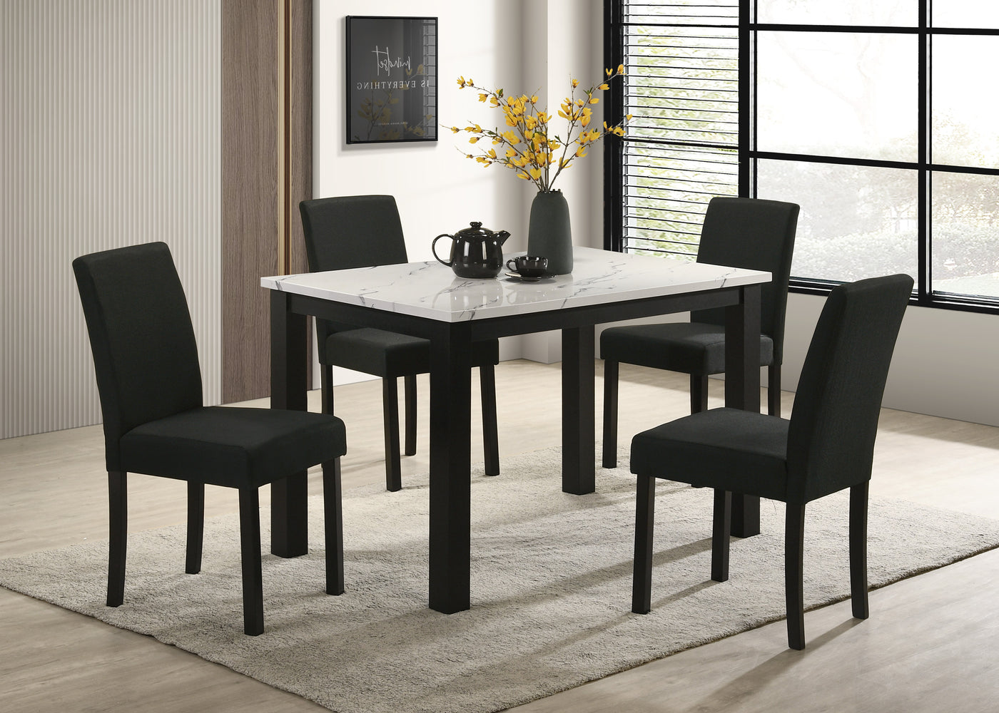 5-Piece White Faux Marble Dining Set Charcoal Upholstered Chairs
