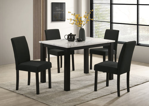 5-Piece White Faux Marble Dining Set Charcoal Upholstered Chairs