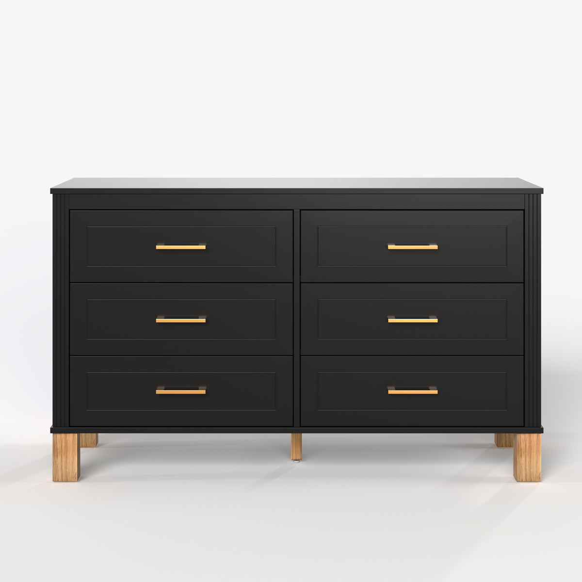 Modern 6-Drawer Double Dresser with Metal Handles and Solid Wood Legs, Black Fin