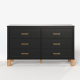 Modern 6-Drawer Double Dresser with Metal Handles and Solid Wood Legs, Black Fin