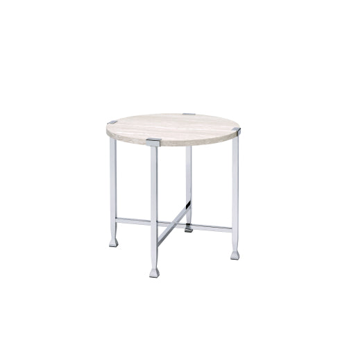 Round End Table - White Oak Finish Top - Chrome Metal X-Base