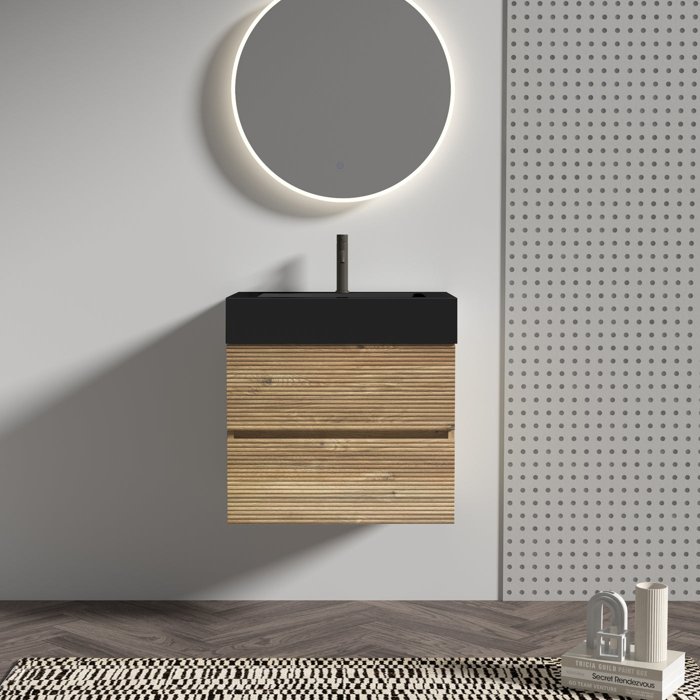 24' Floating Bathroom Vanity with Matte Black Quartz Sink and Oak Drawers
