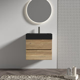 24' Floating Bathroom Vanity with Matte Black Quartz Sink and Oak Drawers
