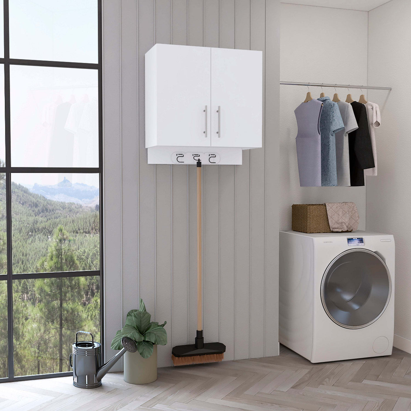White Wall Storage Cabinet 2 Door Broom Hangers