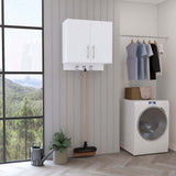 White Wall Storage Cabinet 2 Door Broom Hangers