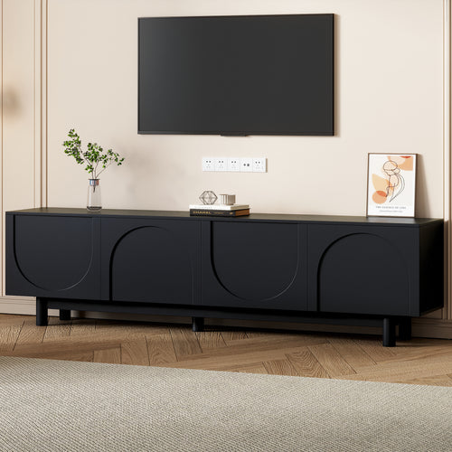 TV Stand Minimalist Black Particle Board Arch Doors Wood Legs Fits 78 In TV