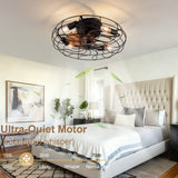 19-inch black wrought-iron cage-style ceiling fan light, featuring remote