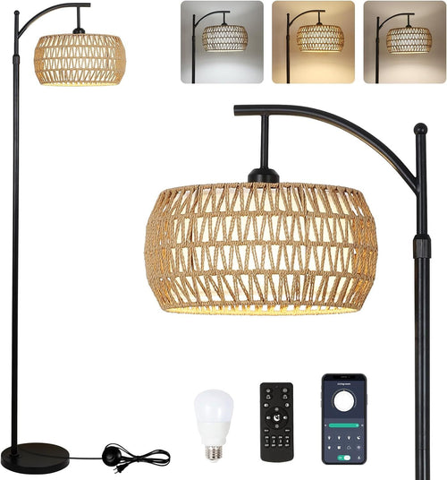 Arc Floor Lamp Dimmable LED Remote Control Rattan Shade