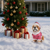 Christmas Pug Statue, Holiday Dog Figurine in Pink Santa Outfit