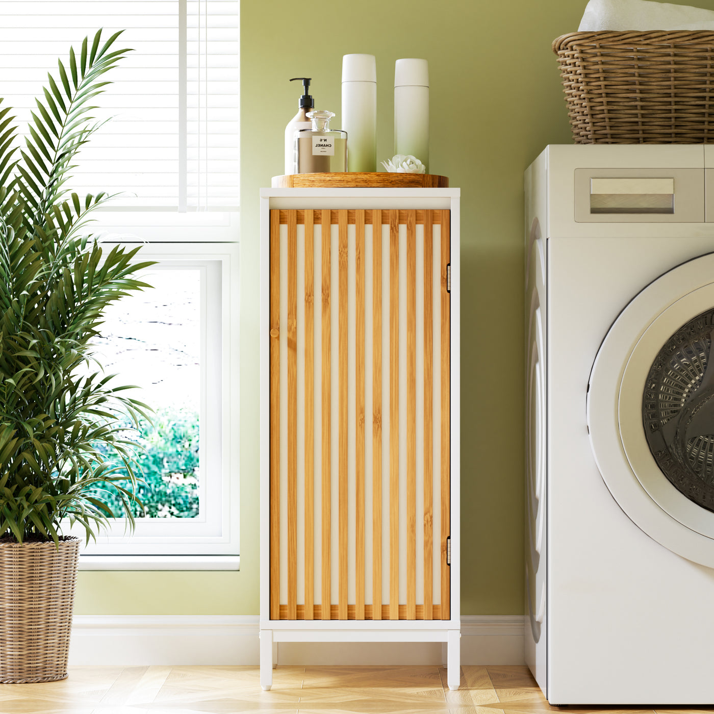 Bamboo Slats Side Cabinet White Natural Door