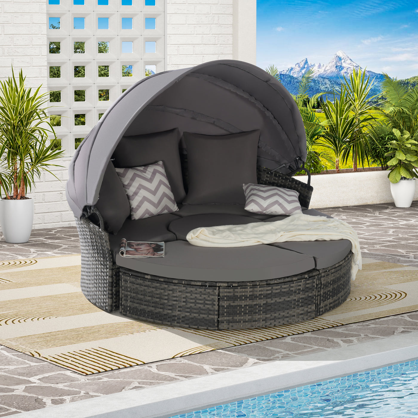 Chaise Lounge PE Rattan Canopy 380lb Capacity