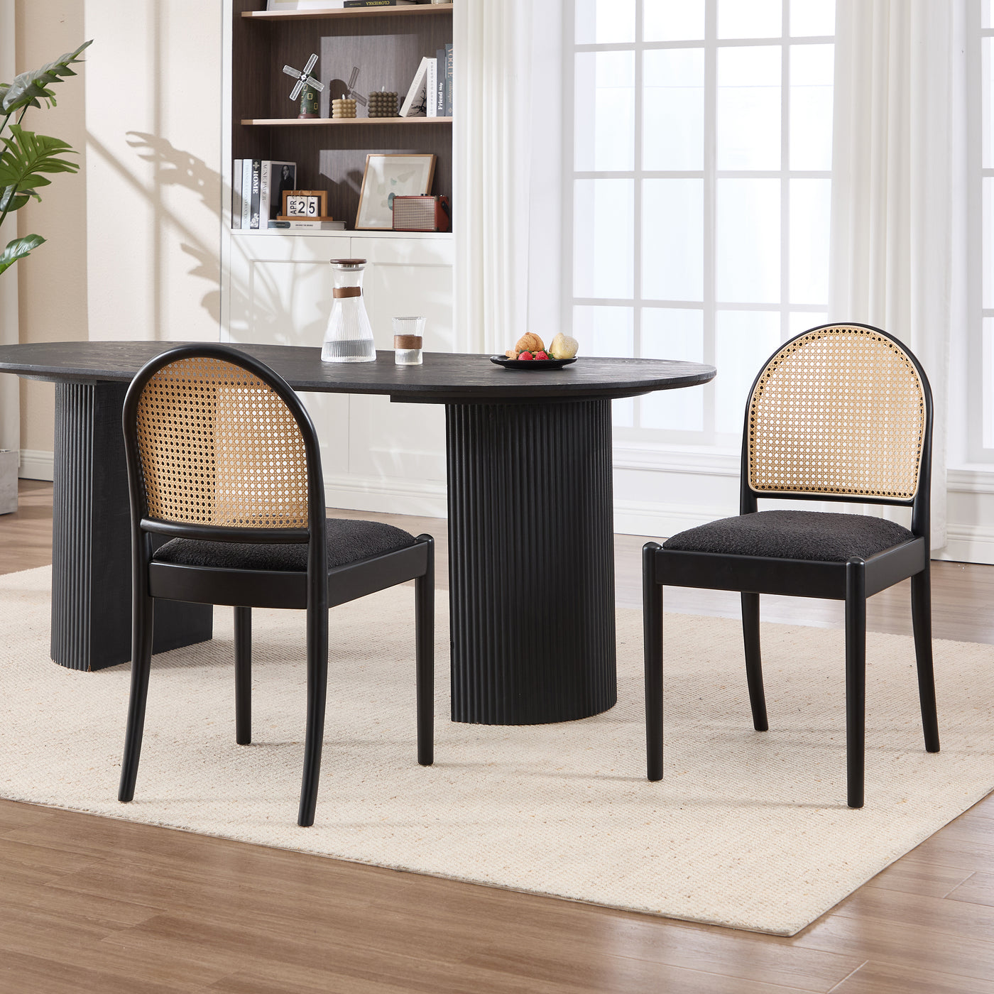Rattan Dining Chairs Set of 2, Upholstered Linen Black