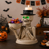 Halloween Skeleton Figurine with Storage Bowl & Candle Holder, Spooky Halloween