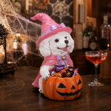 Halloween White Teddy Puppy Figurine, Witch Dog Holding Pumpkin Candy Bowl Decor