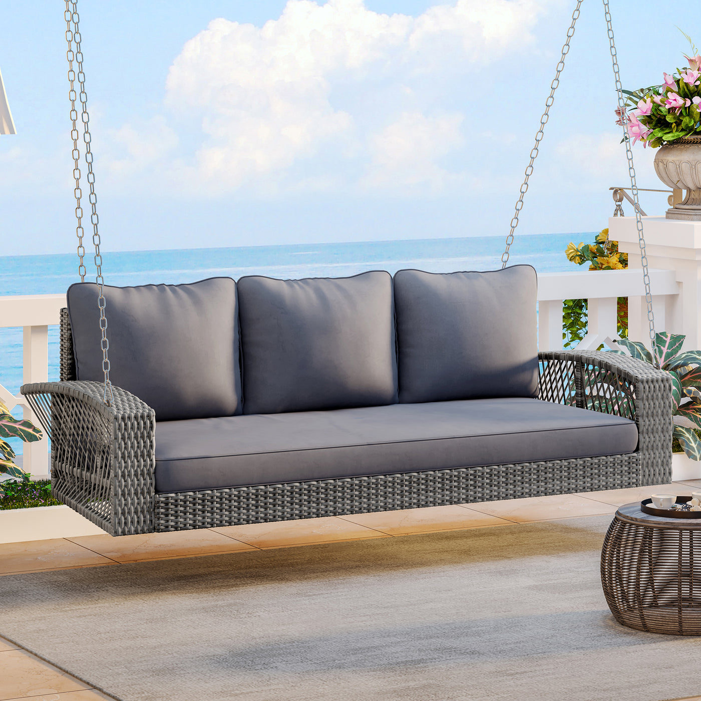 3-Person PE Wicker Porch Swing with Chains and Cushions Gray