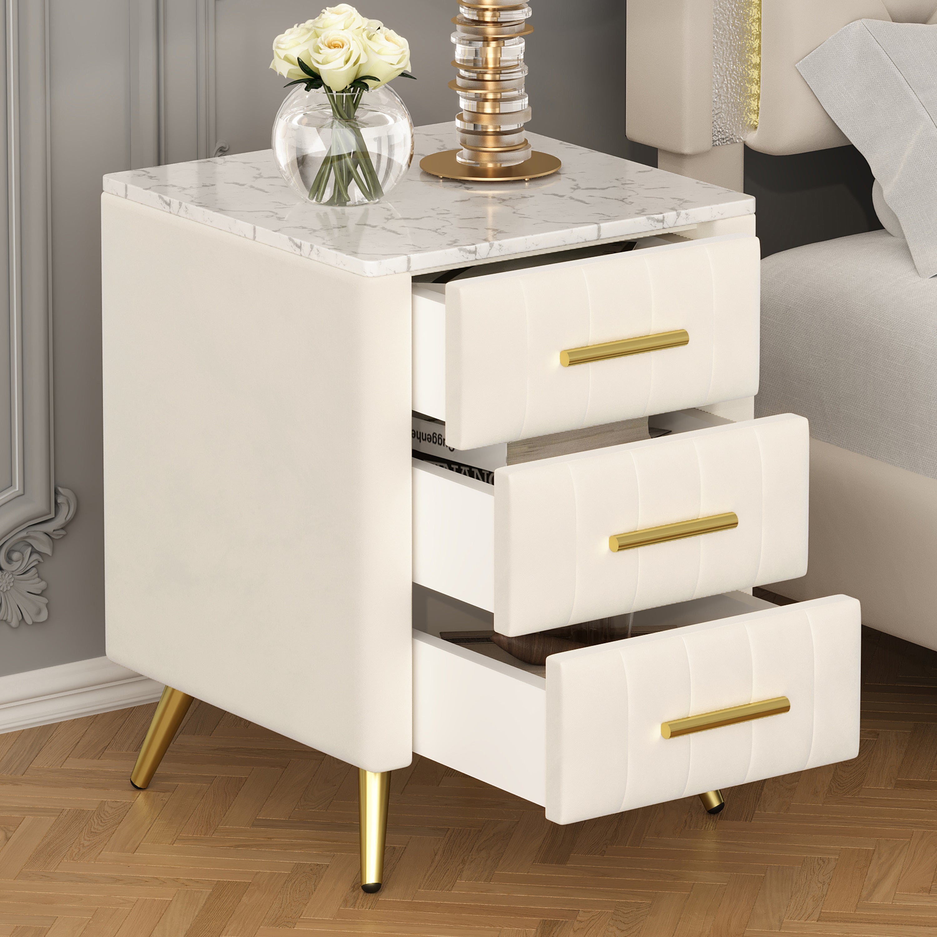 Beige Upholstered Wooden Nightstand With Three Drawers Metal Legs And Handles