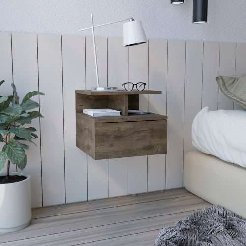 Floating Nightstand - Wall Mounted - Drawer and Open Storage Shelves