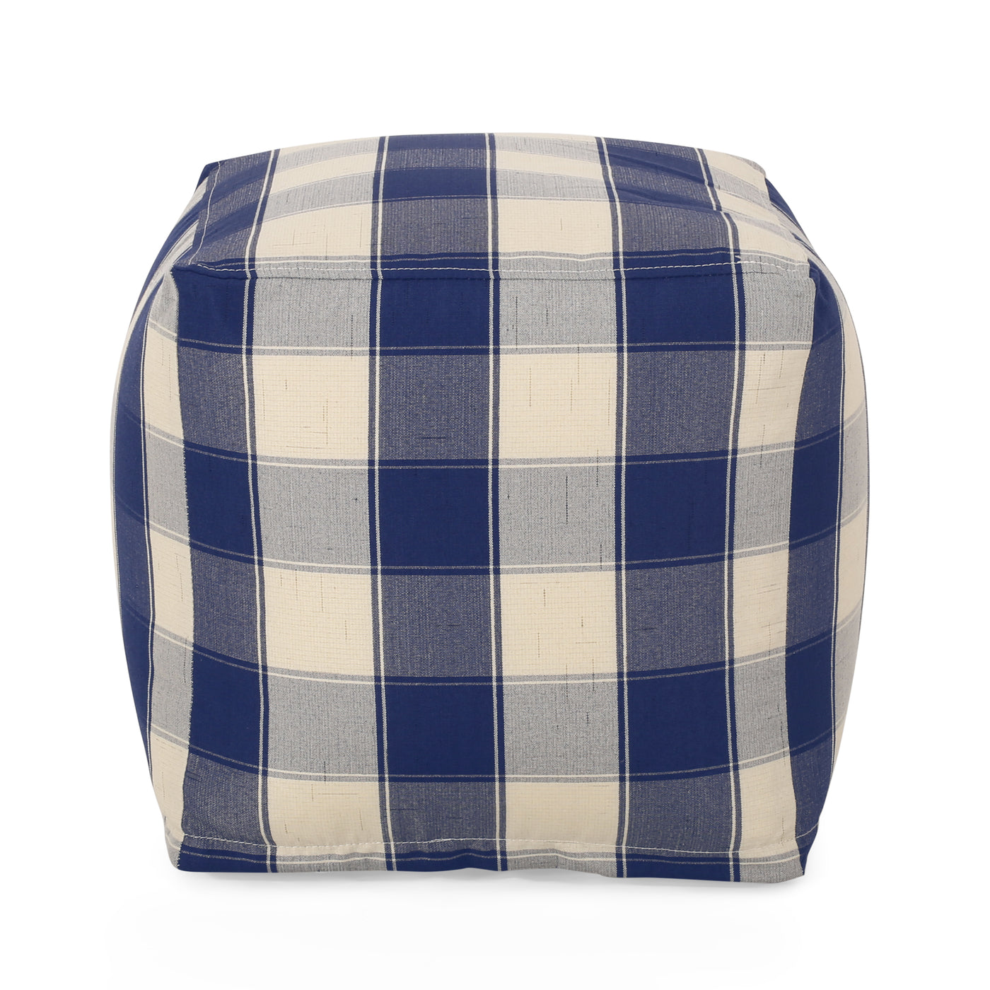 Checkered Square Pouf Ottoman Floor Cushion Ivory Navy 16x16x16