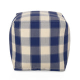 Checkered Square Pouf Ottoman Floor Cushion Ivory Navy 16x16x16
