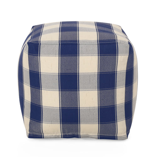 Checkered Square Pouf Ottoman Floor Cushion Ivory Navy 16x16x16