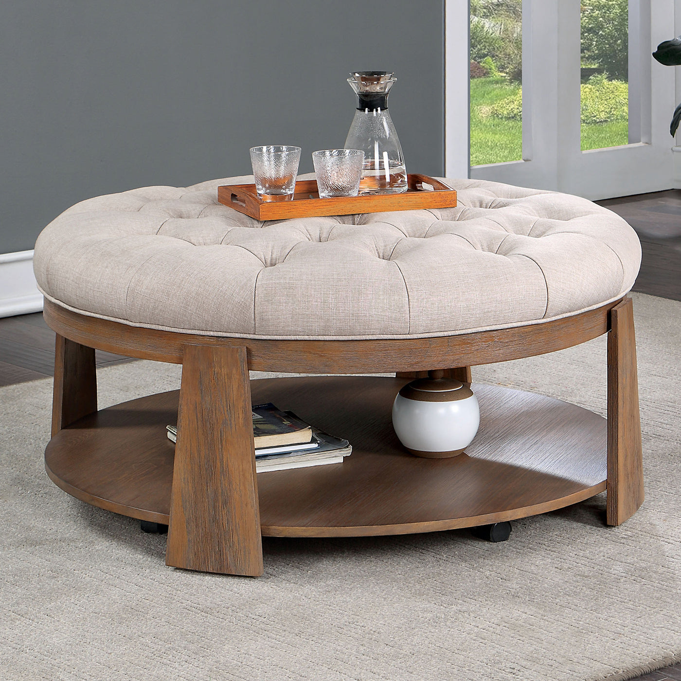 Transitional Linen Tufted Ottoman with Shelf Beige