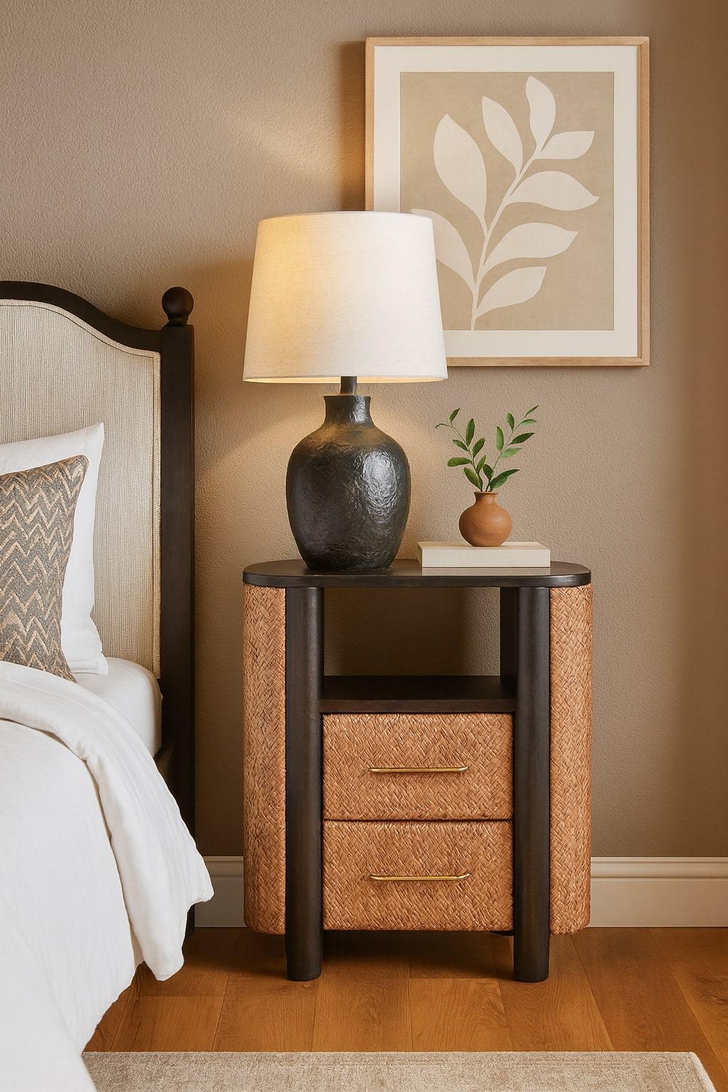 Solid Wood Rattan Nightstand with 2 Drawers and Shelf