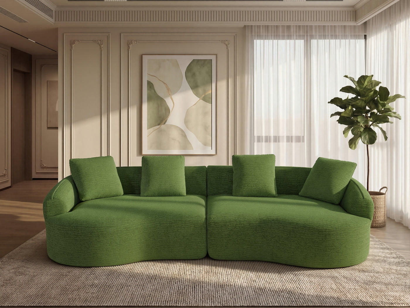 110" Curved Modular Sofa Bed, Green Chenille, 4-Seater