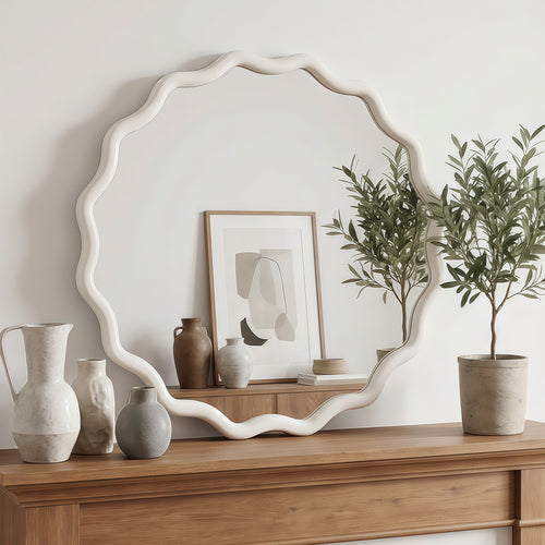 White 24 inch Wavy Round Wood Frame Mirror