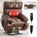 Lift Recliner Chair Power Faux Leather Brown Dual Motor Heat Massage 350 LB