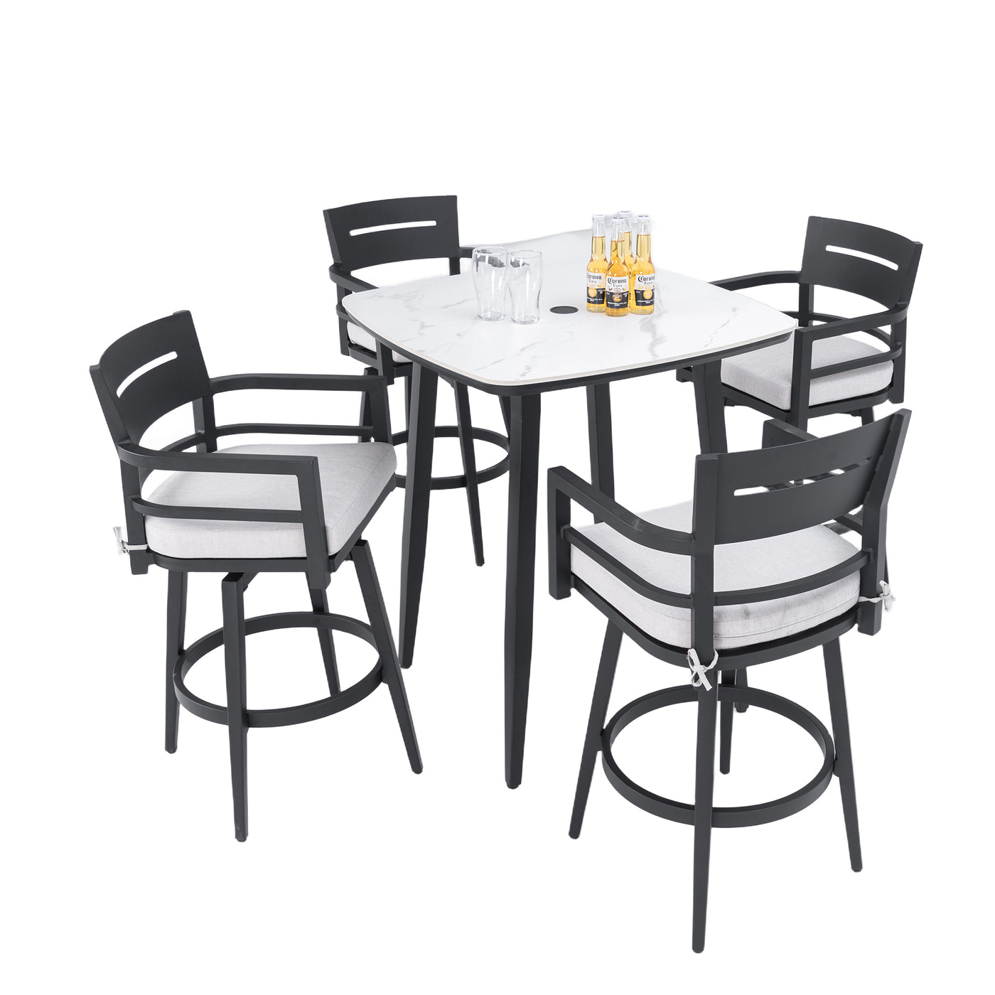 5PC Outdoor Patio Bar Set Sintered Stone Table 4 Swivel Chairs