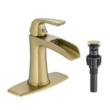 Brushed Gold Waterfall Bathroom Faucet Single Handle Pop-Up Drain