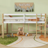 Twin Loft Bed with Ladder, Wood Slat Platform, Natural White